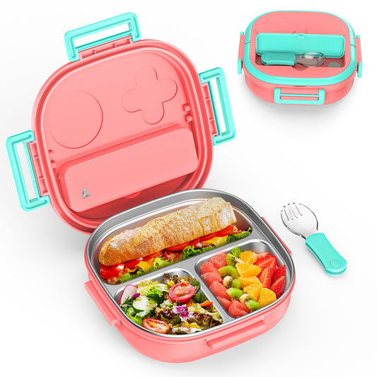 PEDECO Bento Box for Kids Stainless Steel - 3-Compartment - Complete Lunch Set with Portable Utensil - Ideal for Children Under 10 Years Old - Dishwasher Safe & BPA-Free(Pink)