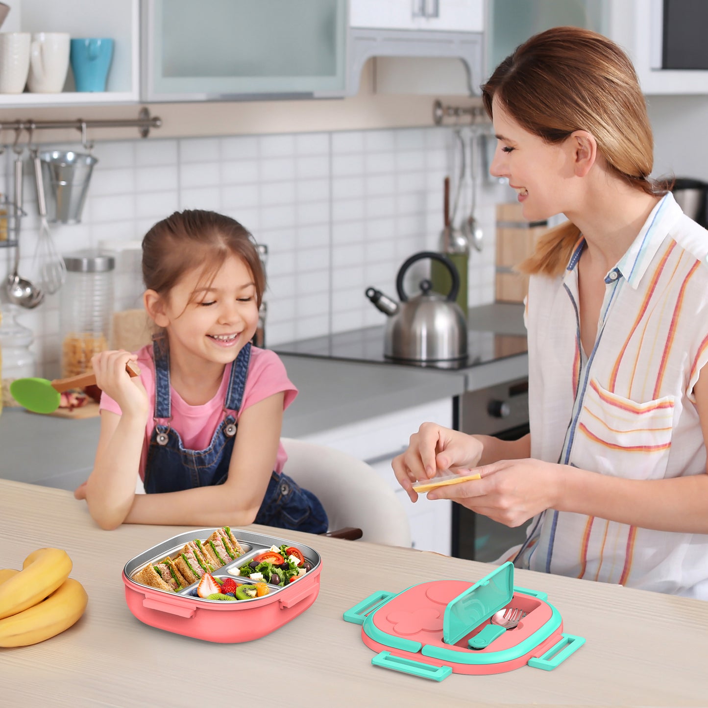 PEDECO Bento Box for Kids Stainless Steel - 3-Compartment - Complete Lunch Set with Portable Utensil - Ideal for Children Under 10 Years Old - Dishwasher Safe & BPA-Free(Pink)
