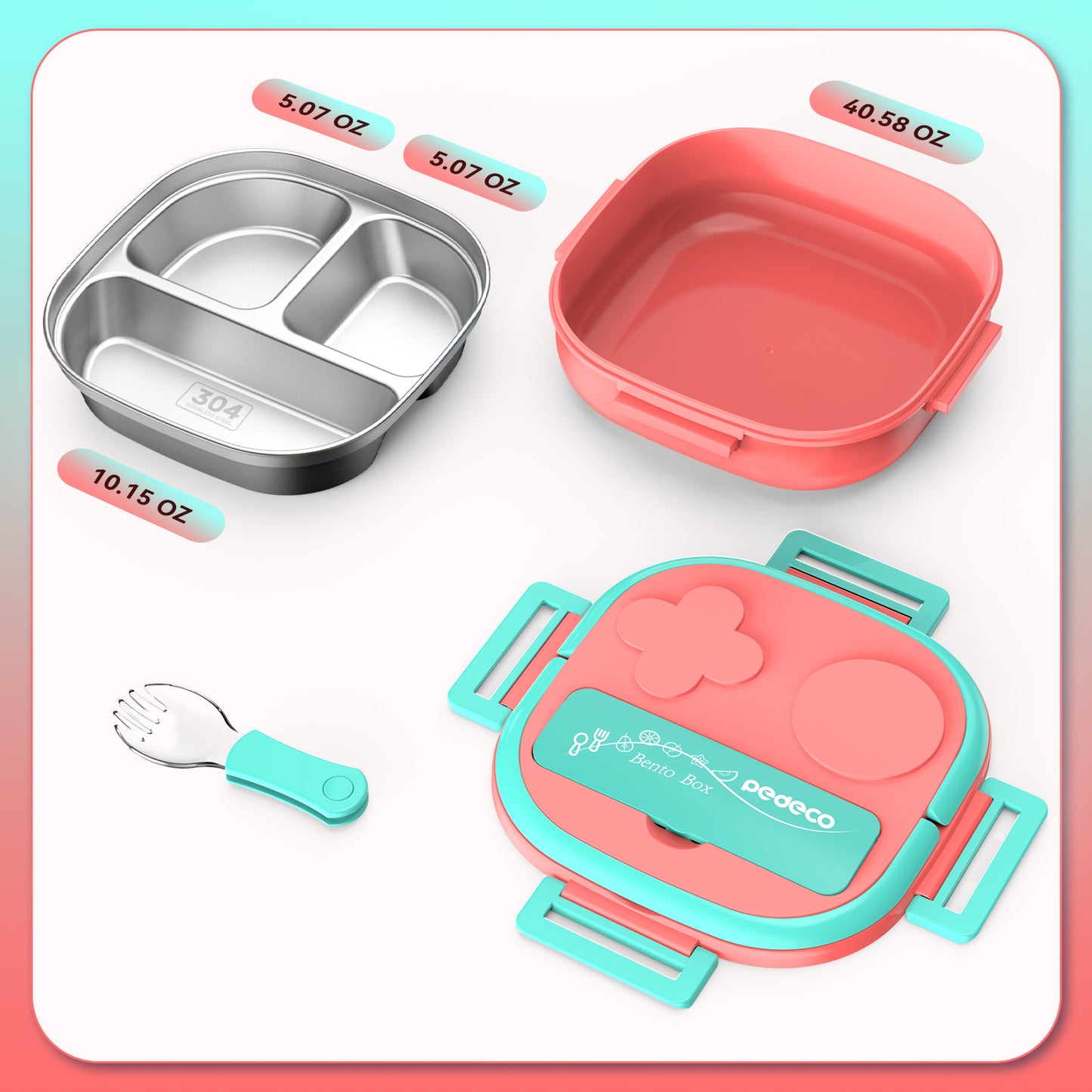 PEDECO Bento Box for Kids Stainless Steel - 3-Compartment - Complete Lunch Set with Portable Utensil - Ideal for Children Under 10 Years Old - Dishwasher Safe & BPA-Free(Pink)